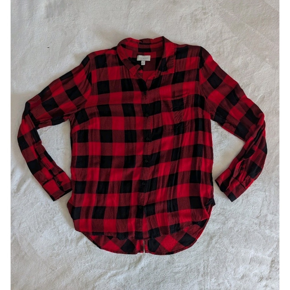 Lucky Brand Button Up Shirt Red Black Buffalo Plaid Split Back Sz L Butter Soft